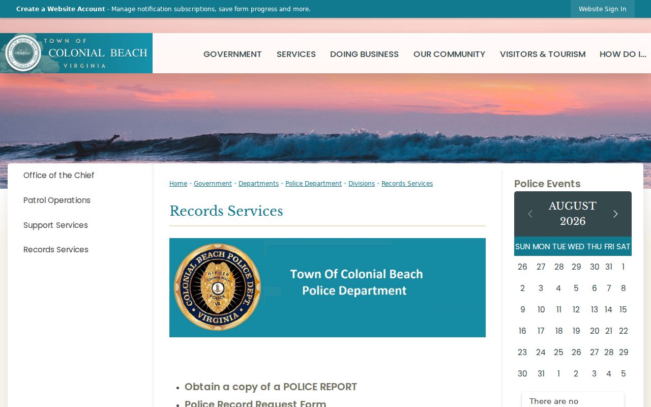 Colonial Beach criminal records services page