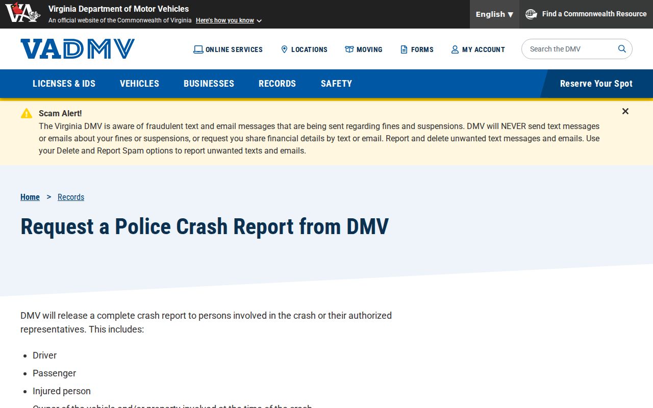 Virginia DMV crash report request related to Westmoreland County police records