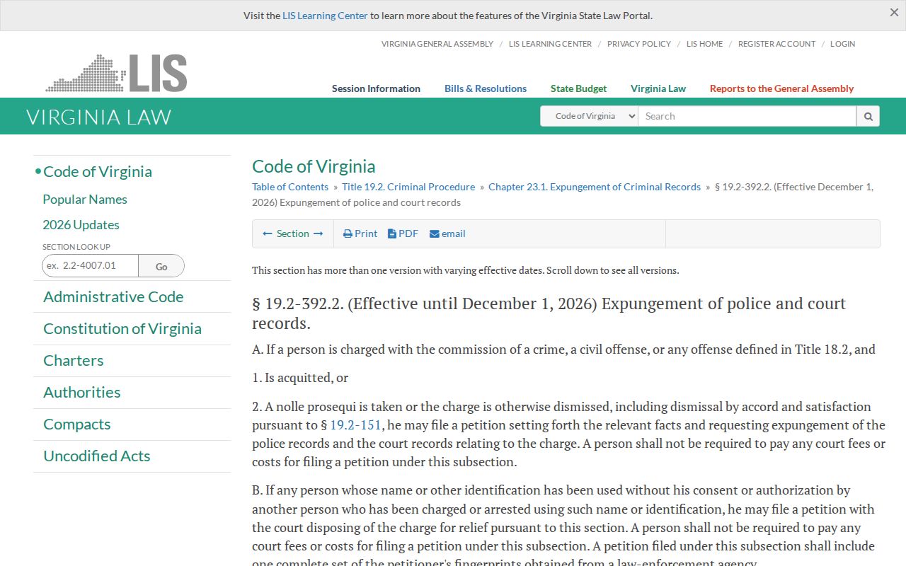 Virginia expungement law for a qualifying Westmoreland County arrest record