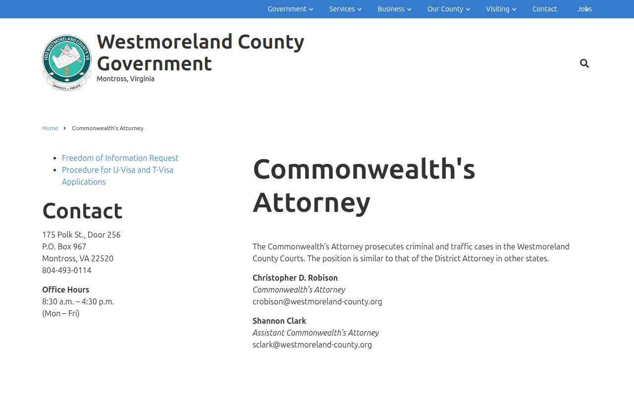 Westmoreland County Commonwealth's Attorney criminal court information