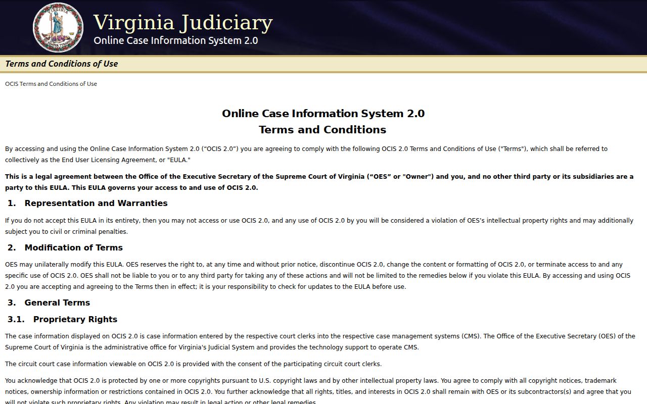 Virginia OCIS 2.0 search for Westmoreland County criminal court cases