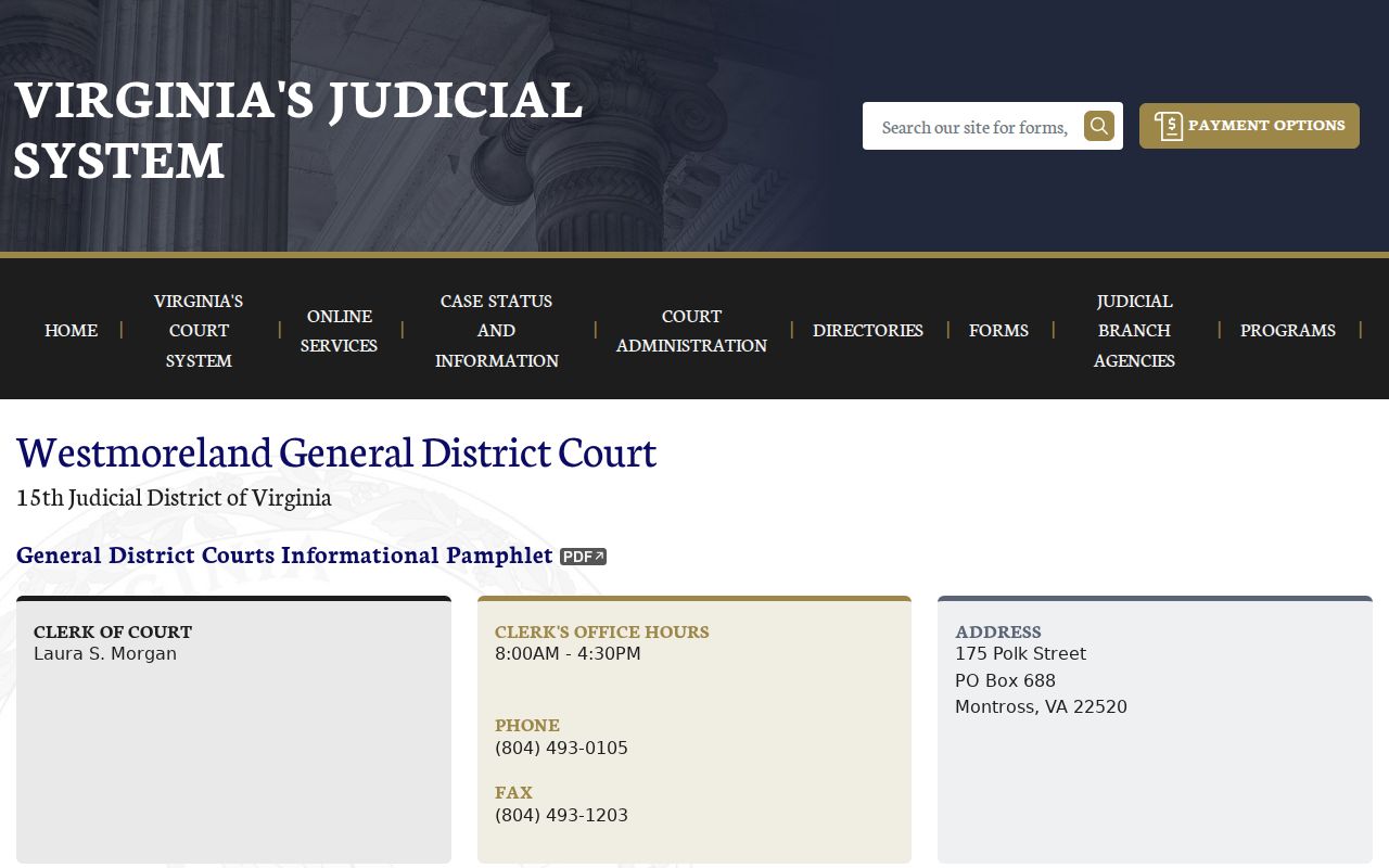 Westmoreland County General District Court criminal docket page