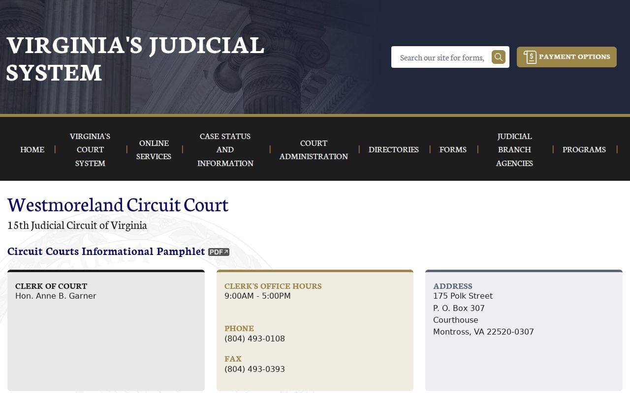 Westmoreland County Circuit Court criminal case information page