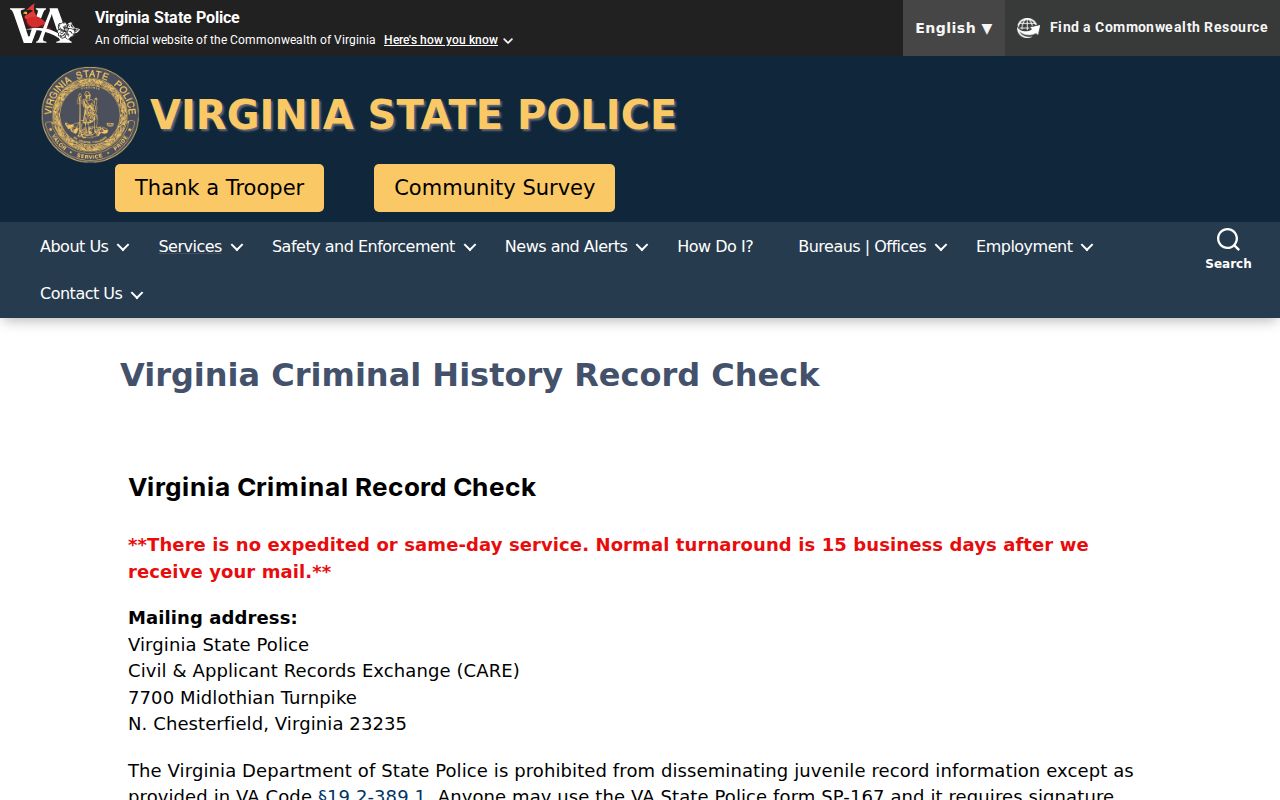 Westmoreland County criminal history VSP background check instructions